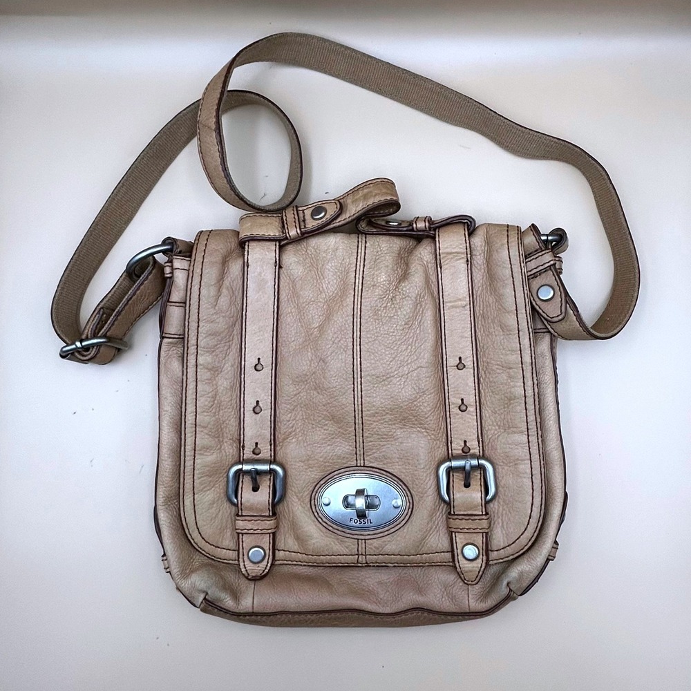 Fossil Long Live Vintage Tan Leather Crossbody Bag Messenger Satchel Beige